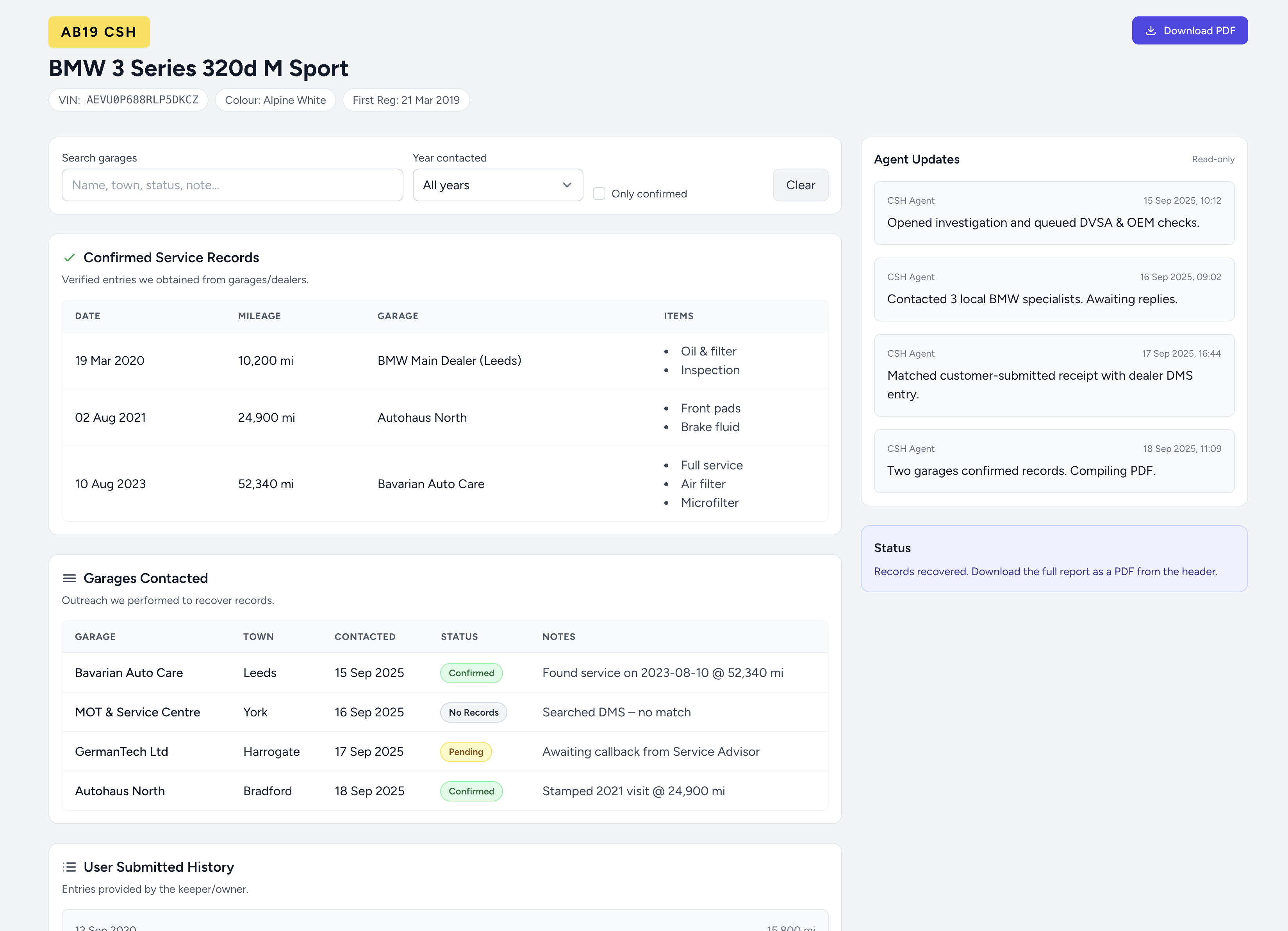 Demo service history report from servicelogbook.co.uk showing verified service entries, mileage timeline, and outreach log